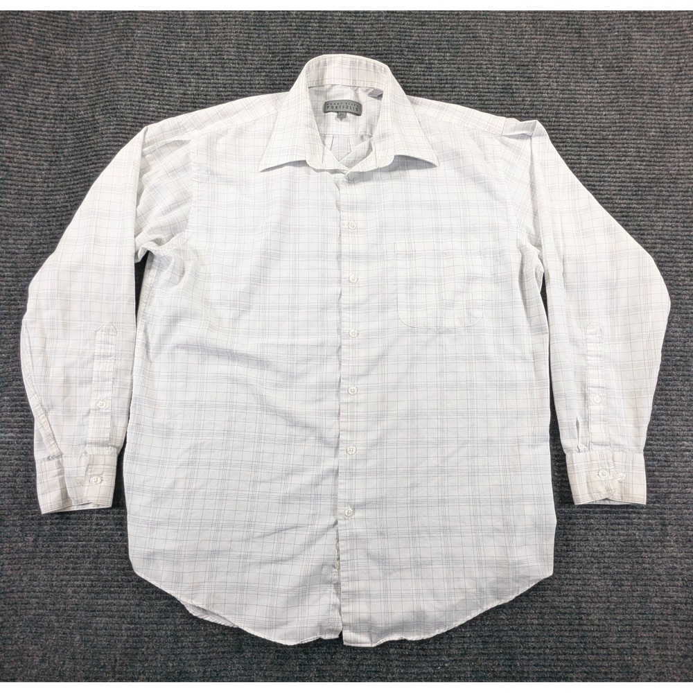Perry Ellis Dress Shirt Mens 15.5 32/33 White Cotton Plaid Business Formal